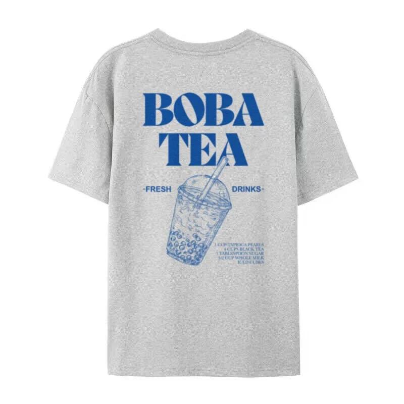 Boba Tea Back Print TShirt Cute Bubble Tea Graphic Tees Women Retro Aesthetic Foodie T Shirt Unisex Loose Vintage Fashion Tops