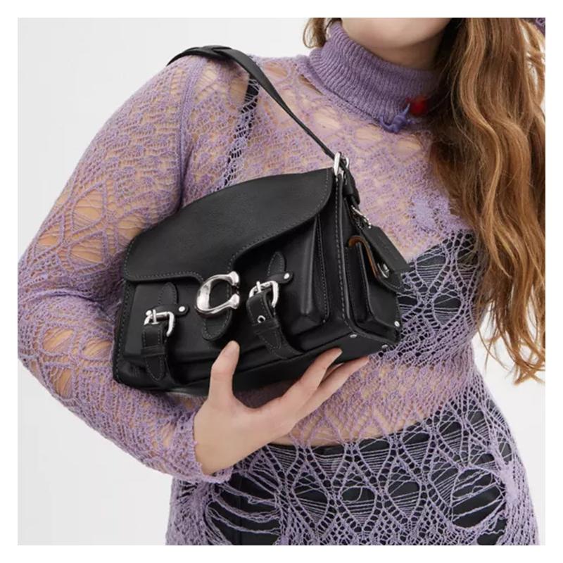 Coach Western Tabby 26 Logo Snap Adjustable Strap Grained Leather Shoulder Crossbody Medium Women's Black