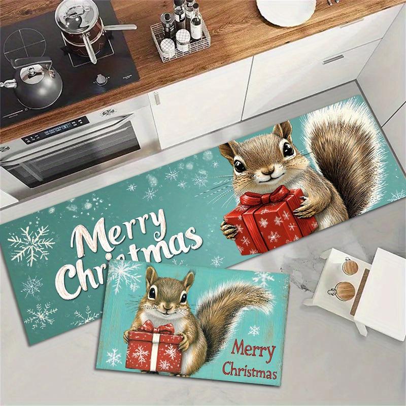 1Pcs Anti Fatigue Kitchen Rug Squirrel Christmas Print Waterproof Non-Slip Thick Cushioned Kitchen Mat Heavy Duty Comfort Standing Mat for Kitchen