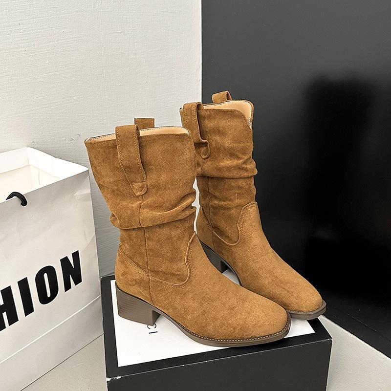 Vintage Suede Khaki Medium and High Boots Western Boots Women's Boots 2025 Early Autumn New Thick Heel Pointed Pile Boots