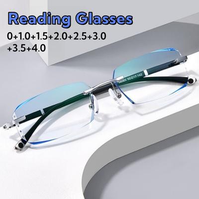 Anti Blue Light Presbyopia Diamond Trimmed Frameless Photochromic Reading Eyeglasses Glasses Fashionable Business Men Glassess