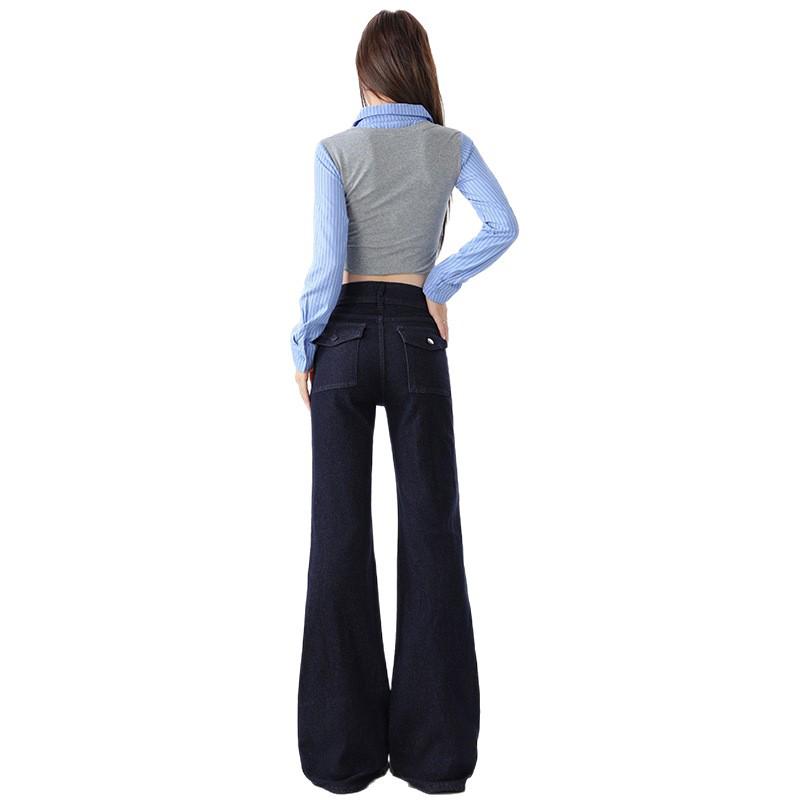 Women's 2025 Denim Blue Flare Jeans, Double Button, Slimming Floor-Length with Unique Back Pockets, Early Autumn Design.