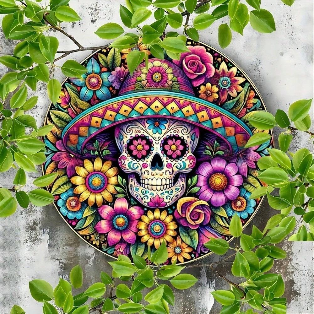 Day of the Dead Sugar Skull Metal Sign 8x8 Waterproof Aluminum Wall Art Vintage Halloween Decor for Home Garage Bar Cafe