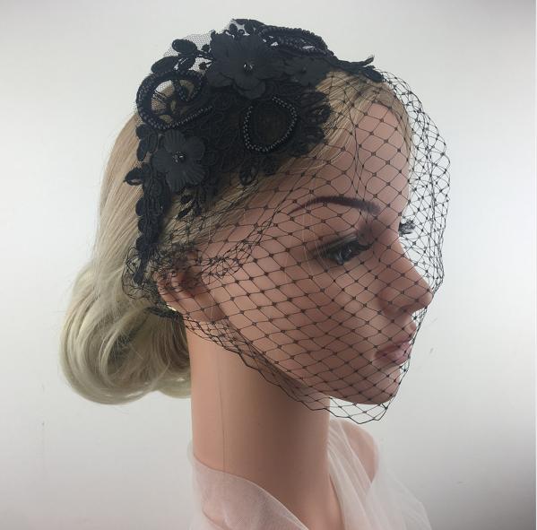 Bridal Black Luxurious Crystal Embellished Lace Headband Netting Headpiece чёрный