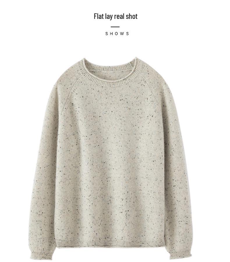 Women's Round Neck Cashmere Sweater - Rolled Hem, Marled Dot Yarn, Warm Knit for Autumn/Winter