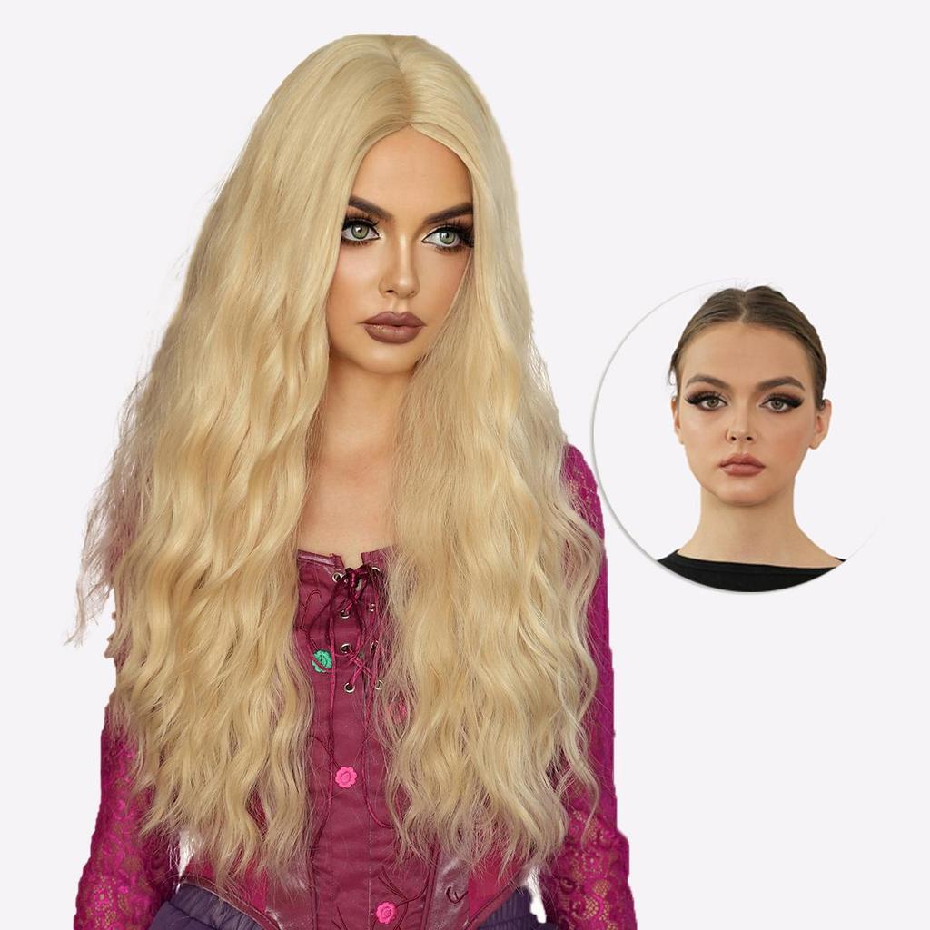 Hocus Pocus Witch Wig -Golden Blonde Wavy Halloween Hair with Middle Part, Premium Cosplay Synthetic Hair for Women, 90s Party Accessories