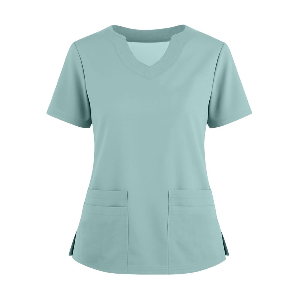 Women's Short Sleeved Solid Color V-neck Buttonable Side Slit Top T-shirt