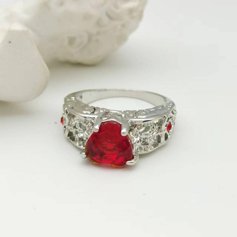 Huajie Heart Shape Inlaid Red Zircon Women's Ring Hollow Out Shining Wedding Engagement Ring  Trend