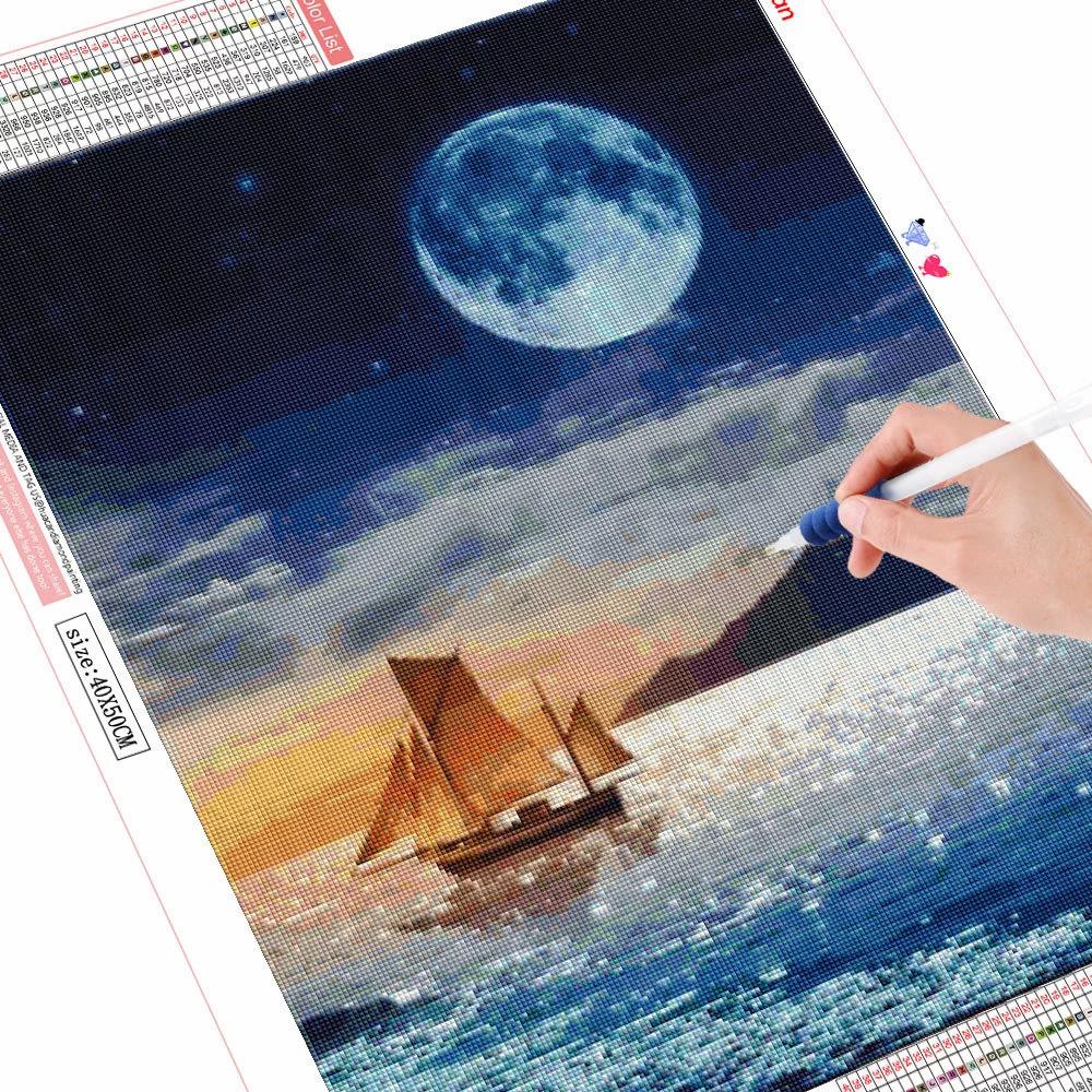 Diamant-Malerei-Set, Landschaft am Meer, 5D-Diamant-Stickerei, Mond-Strasssteine, Mosaik, Kreuzstich, handgefertigtes Geschenk