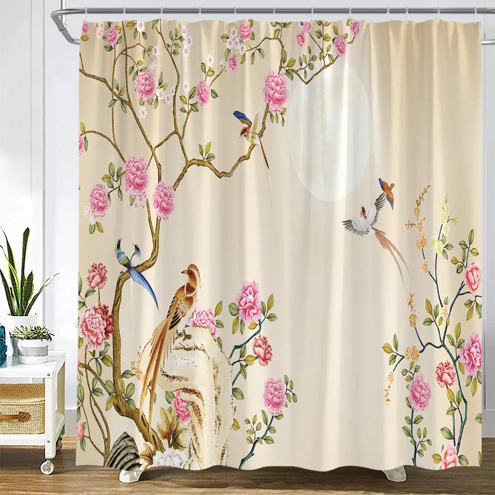 

Цветы Птица Шторки для душа Цветочный Растение Винтаж Китайский стиль Набор занавесок для ванны Ткань полиэстер Украшение для ванной комнаты С крючками 90x180cm-35x70in
