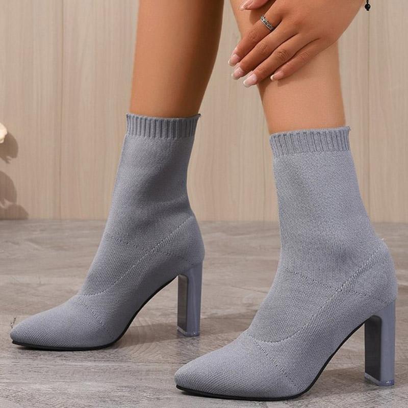 2024 New Wine Red Black Womens Boots Pointed Toe Shoes Elasticity Knitting Short Spring Autumn Shoes Elegant High Heels Shoes