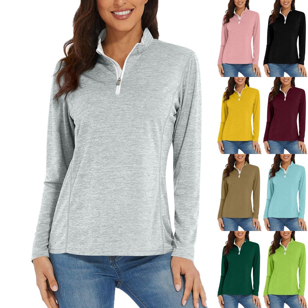 Women's Casual Fashion Solid Color Long Sleeve Zipper Neck Top T-shirt