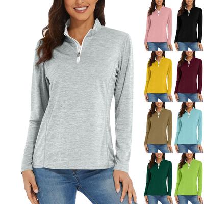 Women's Casual Fashion Solid Color Long Sleeve Zipper Neck Top T-shirt