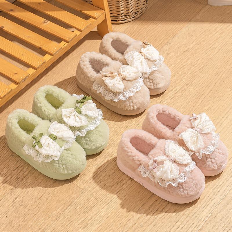 Bow Cotton Slippers Women's Winter Indoor Home Thick Bottom Non-slip Velvet Bag Heel Cotton Shoes Women's Winter
