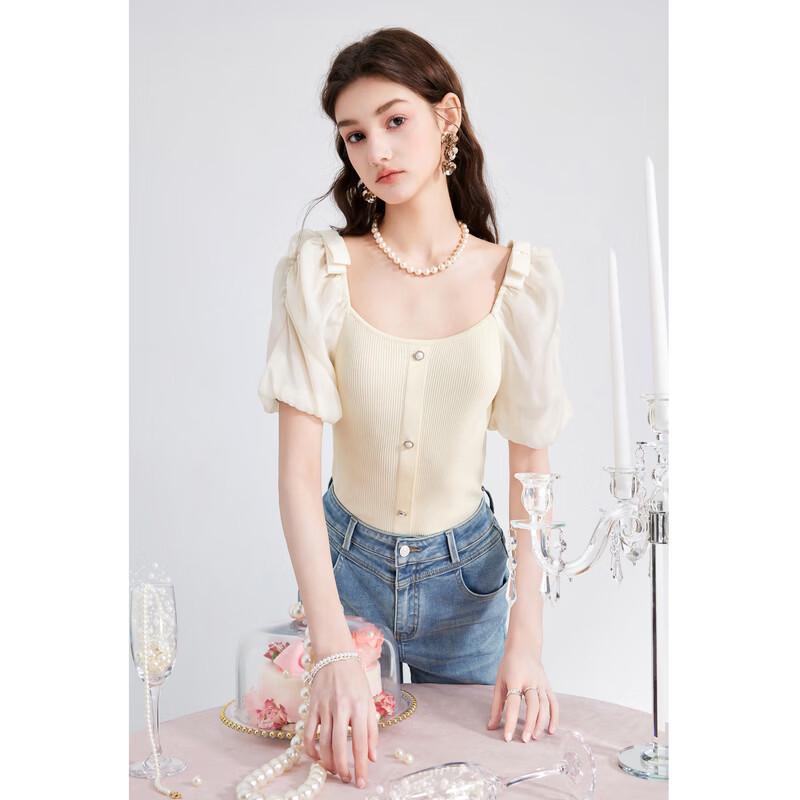 Женский милый французский вязаный топ с квадратным вырезом и пышными рукавами S