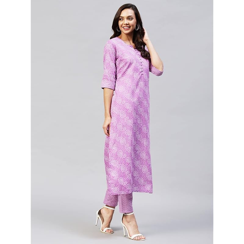 ANNI DESIGNER Women' Cotton Blend Printed Straight Kurta with Pant (Wamurti Purple Purple Small)