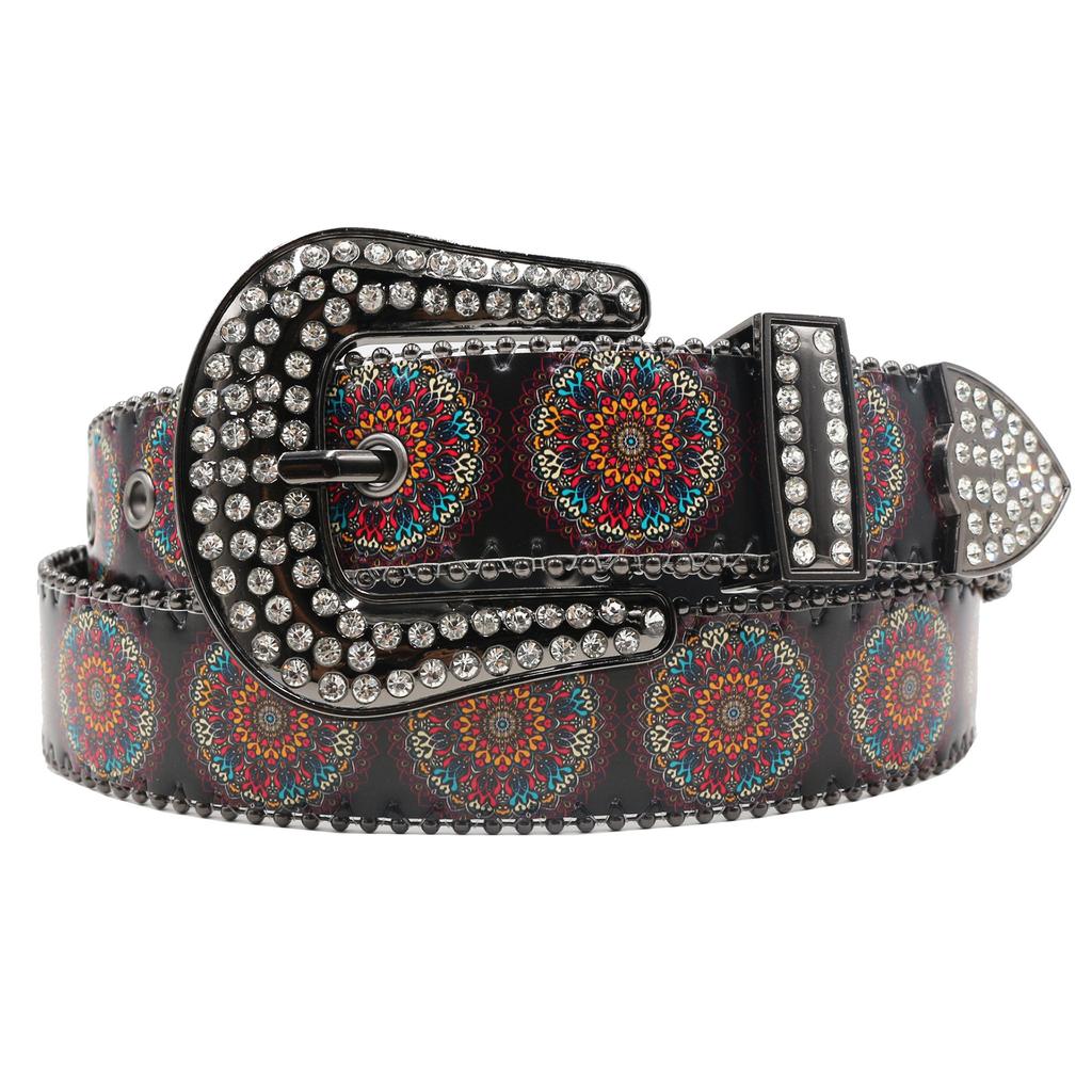 Rhinestone Belt Print Ladies High-end Pattern Women's Belt Retro Literary and Ethnic Style Mandala Pattern Belt