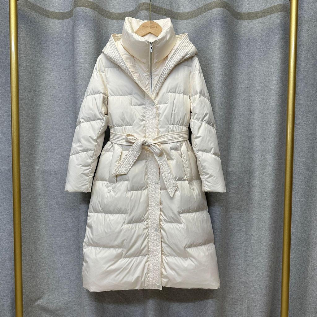 Women's Winter Autumn Hooded White Duck Down Jacket Coat Loose Long Solid Color Big Pocket Belt Waist Down Coat