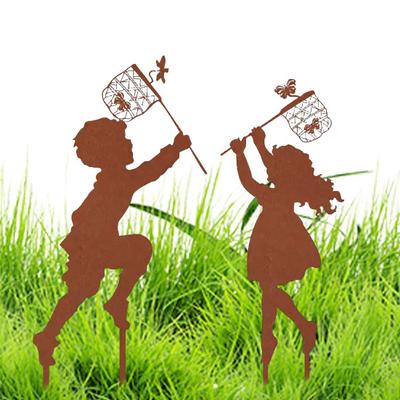 1 Pair Silhouette Art Model Little Boy Girl Shape Character Silhouette Art Ornament Garden Decor Stakes Sculpture Lawn Yard Decoration
