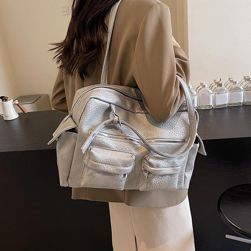 Women PU Leather Shoulder Bag Multi-Pockets Underarm Bag Solid Color Versatile Commuting Handbag Adjustable Strap Tote Bag ARI