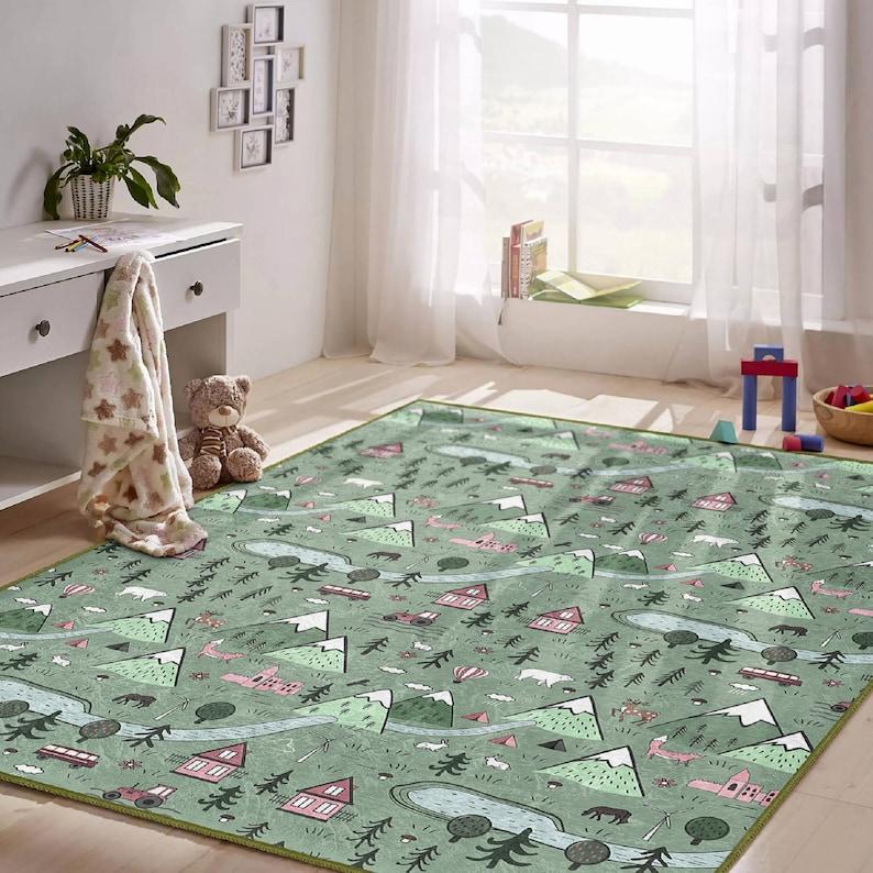 

Cute Village Green Kids Rug Forest Jungle Theme Washable Play Mat Custom Design Easy Clean Carpet for Nursery Bedroom Playroom 60*90cm