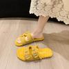 2025 autumn new open-toed double one-word with metal buckle Mao Mao shoes flat-soled fashionable versatile soft-soled women's slippers women