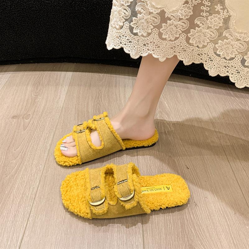 2025 autumn new open-toed double one-word with metal buckle Mao Mao shoes flat-soled fashionable versatile soft-soled women's slippers women