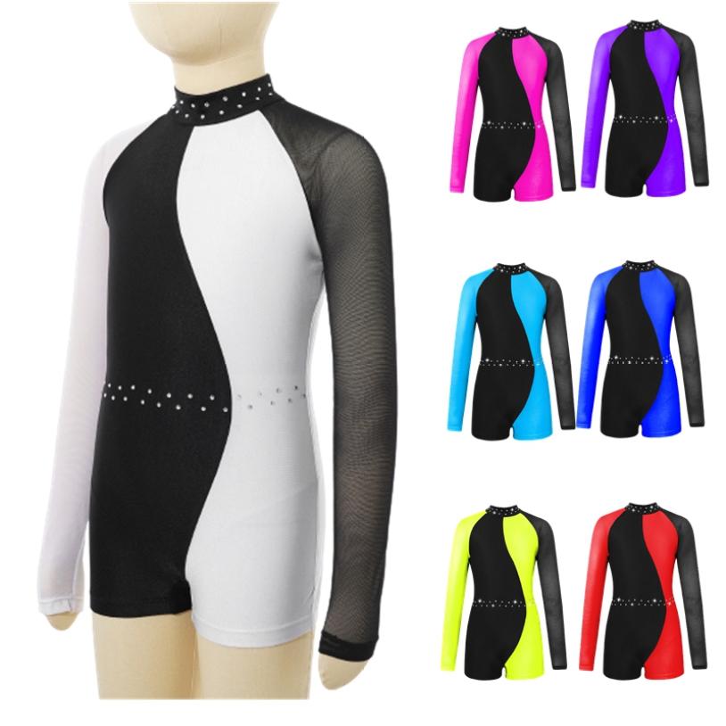 

Діти, дівчата, стильний одяг, сітка, довгі рукави, контрастні кольори, спортивні танцювальні трико, комбінезон, сценічний костюм 5-6 Years чорний/білий