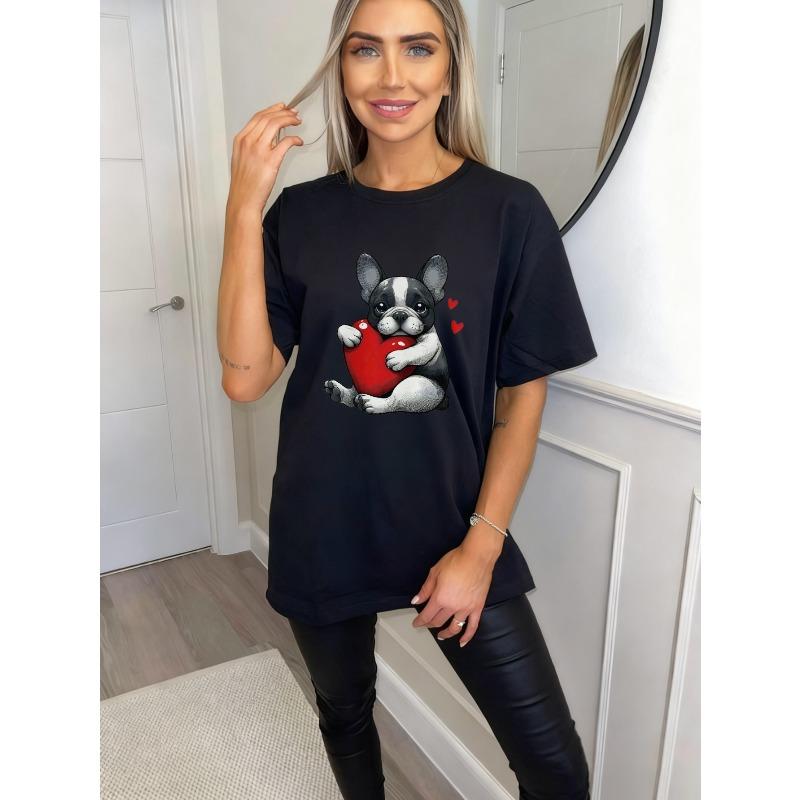 Oversized T Shirt Black French Bulldog Holding Heart Print Casual Wear For Women And Girls Summer Outfit Cute Animal Design Valentine Day Gift Idea