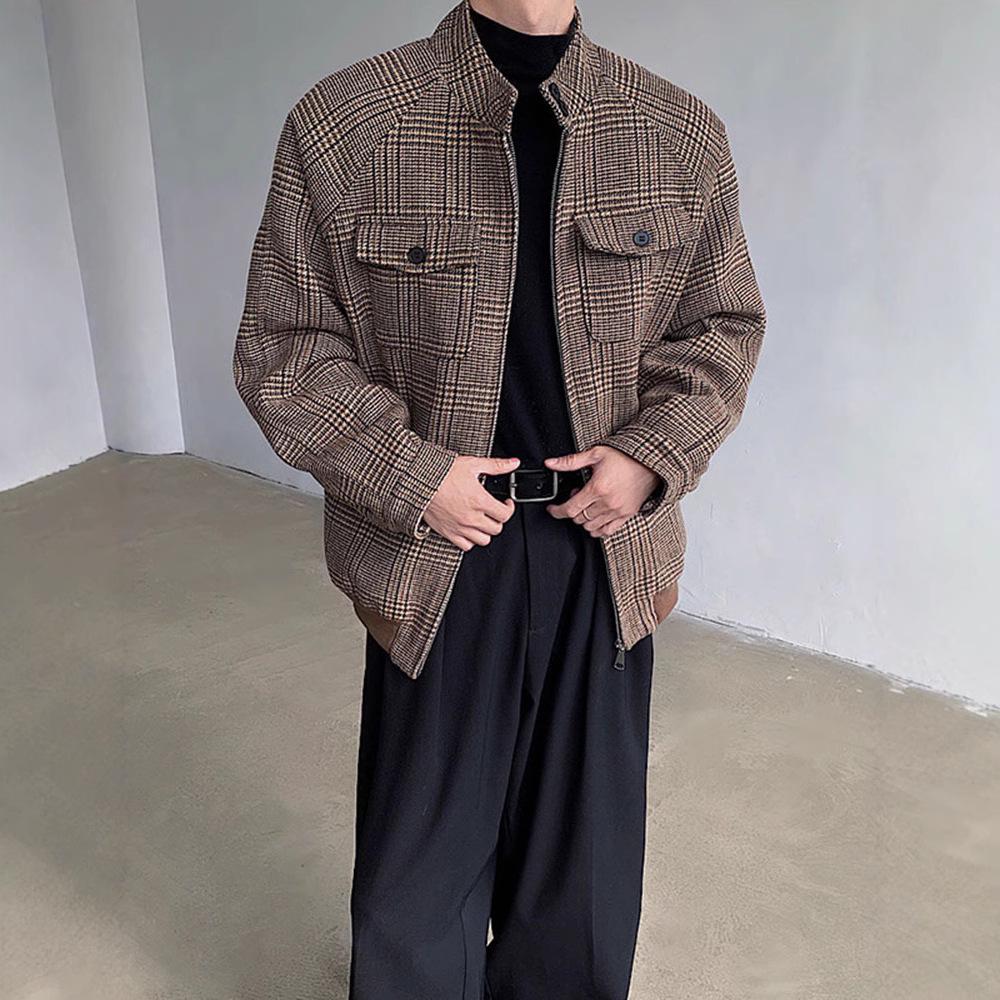 Męska kurtka Harrington w retro pepitkę - Wiosna/Jesień, wszechstronny kołnierz stójka