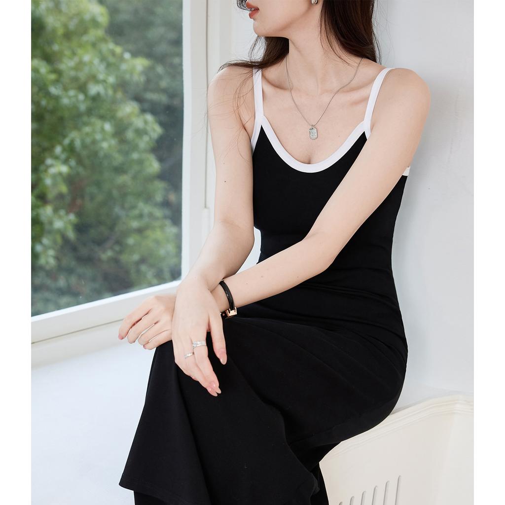 Dámský letní nový styl čistá bavlna kontrastní véčkový výstřih vesta dlouhá sukně s velkým rozsahem švihání šaty na ramínka