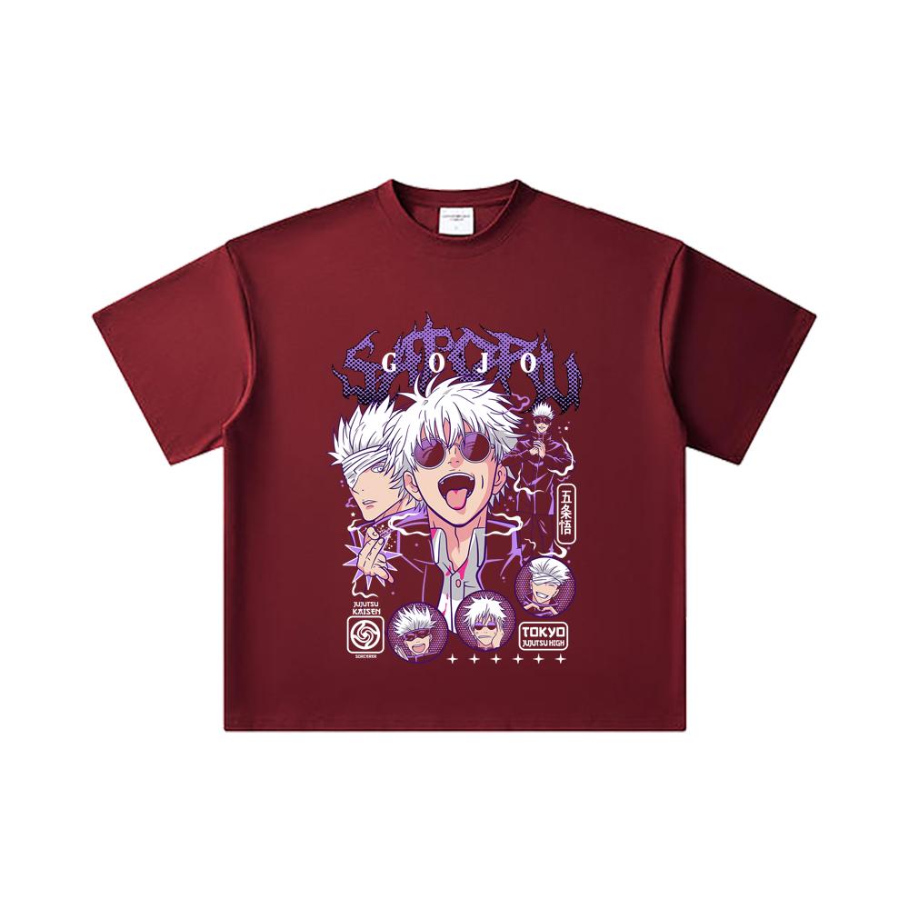 

260 GSM Double Yarn 32 Count 100% Cotton Jujutsu Kaisen V21 Gojo Print Unisex Heavy Cotton T Shirt 2XL вина червоного кольору