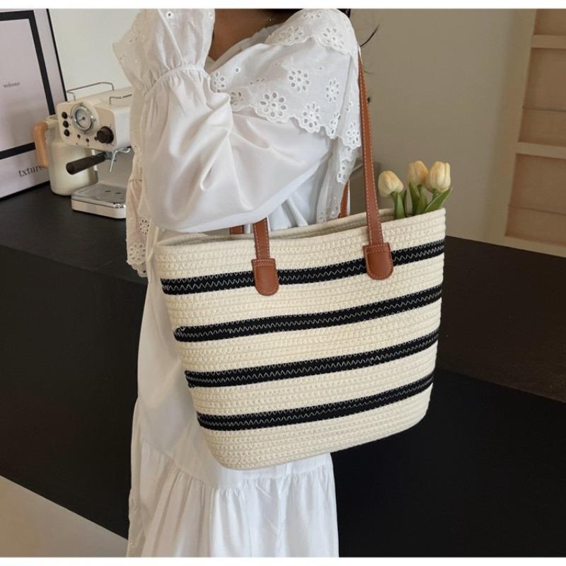 Versatile Shoulder Striped Straw Bag Women's Cotton Thread Zipper Woven Bag Large Capacity Tote Bag Seaside Vacation Beach Bag