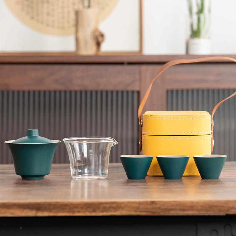 Light Luxury Travel Tea Set Cover Bowl Kuaike Three Cups Outdoor Portable Handbag High-end Ceramic Glass Tea Maker Gift