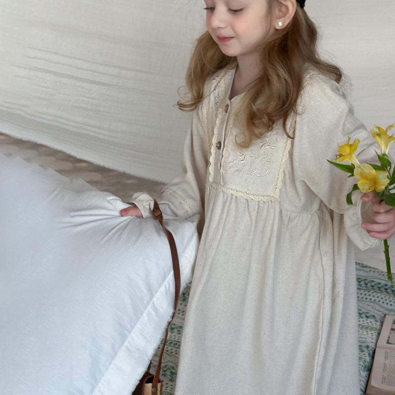 Girls' Spring Retro French Lace Long Sleeve Dress