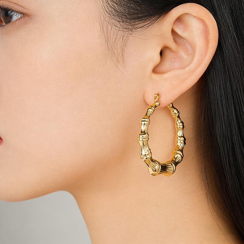 Huitan Novel Bamboo Design Hoop Earrings for Women Gold Color Luxury Wedding Engagement Charming Party Fashion Statement Jewelry