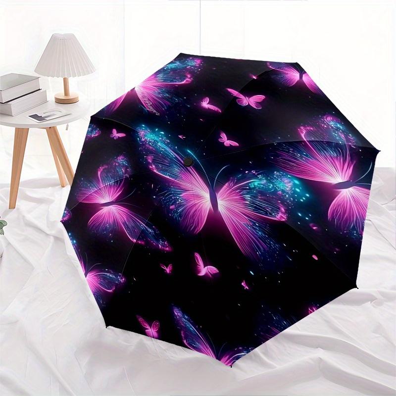 Butterfly, Neon Automatic Folding Umbrella  8 Ribs, Durable Iron Frame, Bright Color Pattern Compact Travel Umbrella, Suitable for Outdoor,