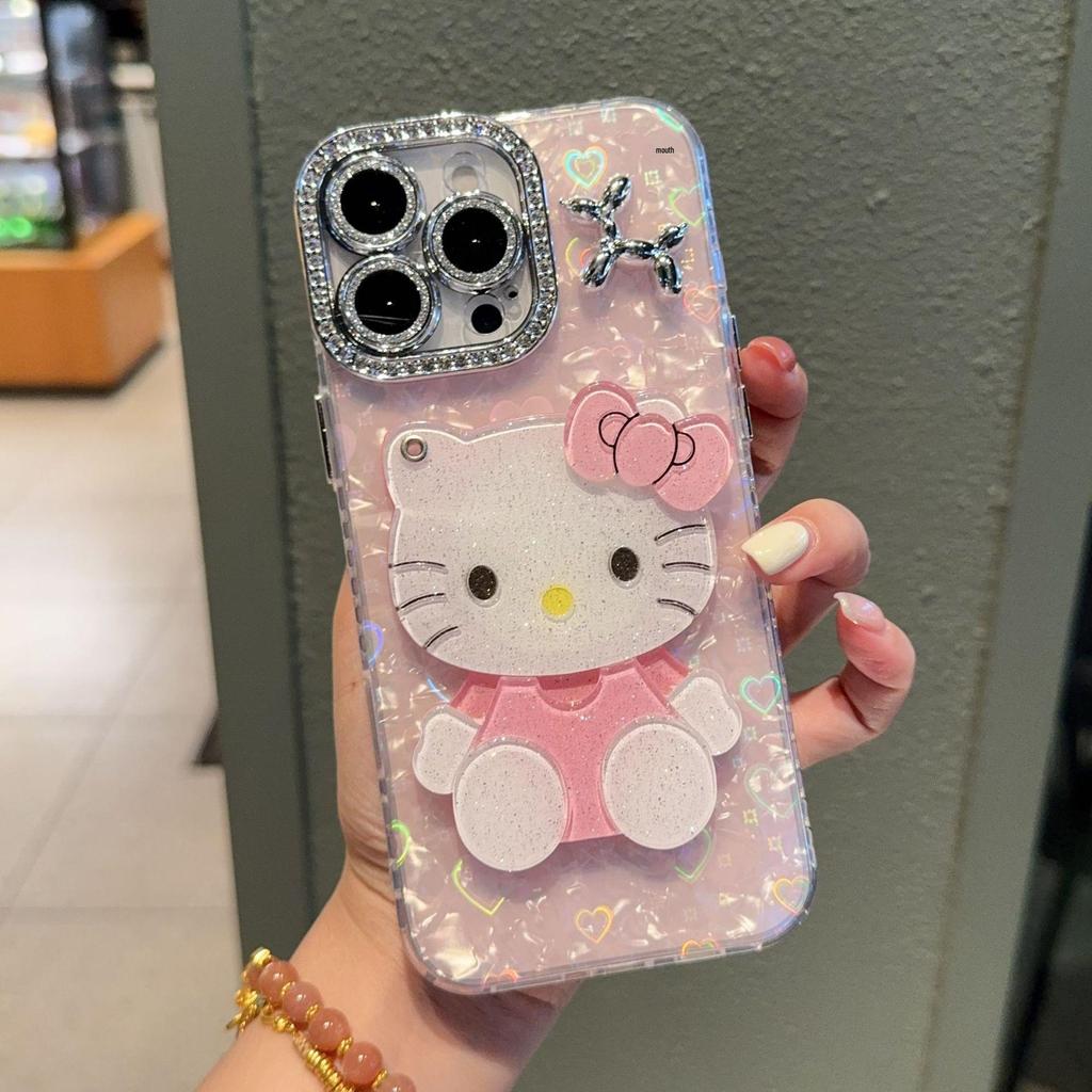 Heart Shell Dot Drilling Frame for Apple 17 Pro Max/15 Pro Phone Case with KT Cat Mirror