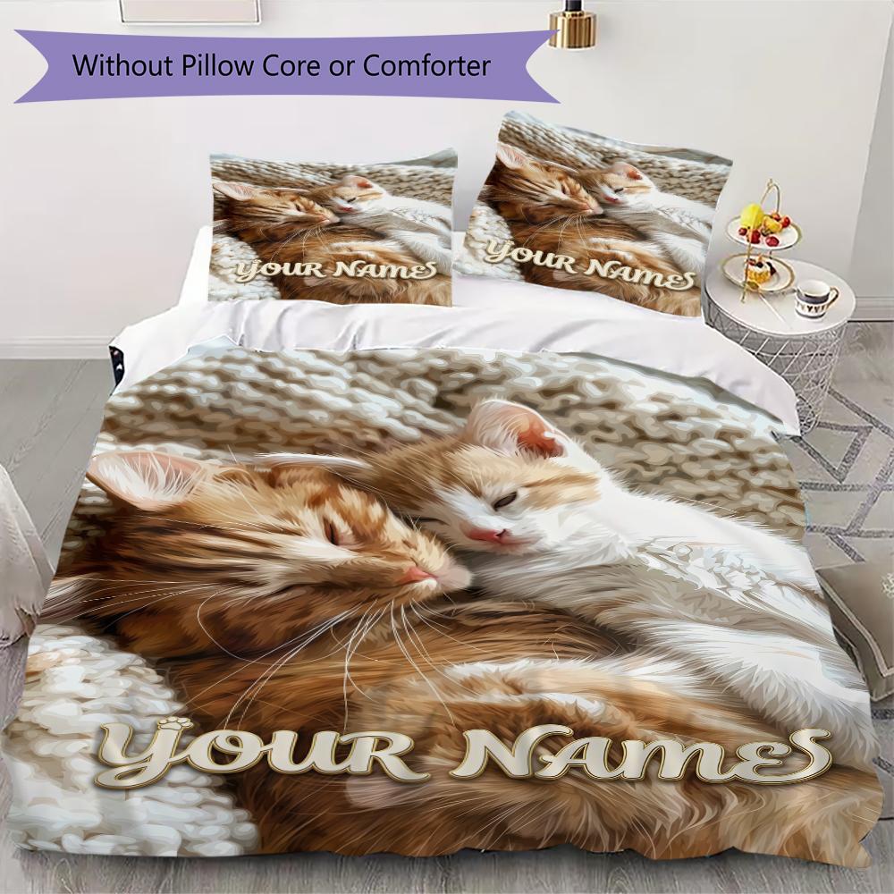 Custom Name Cats Cozy Nest Bedding,Quilt Set Quilt Cover Pillowcase Home Birthday Gift(1 * Duvet Cover + 2 * Pillowcase, Without Core)_lx