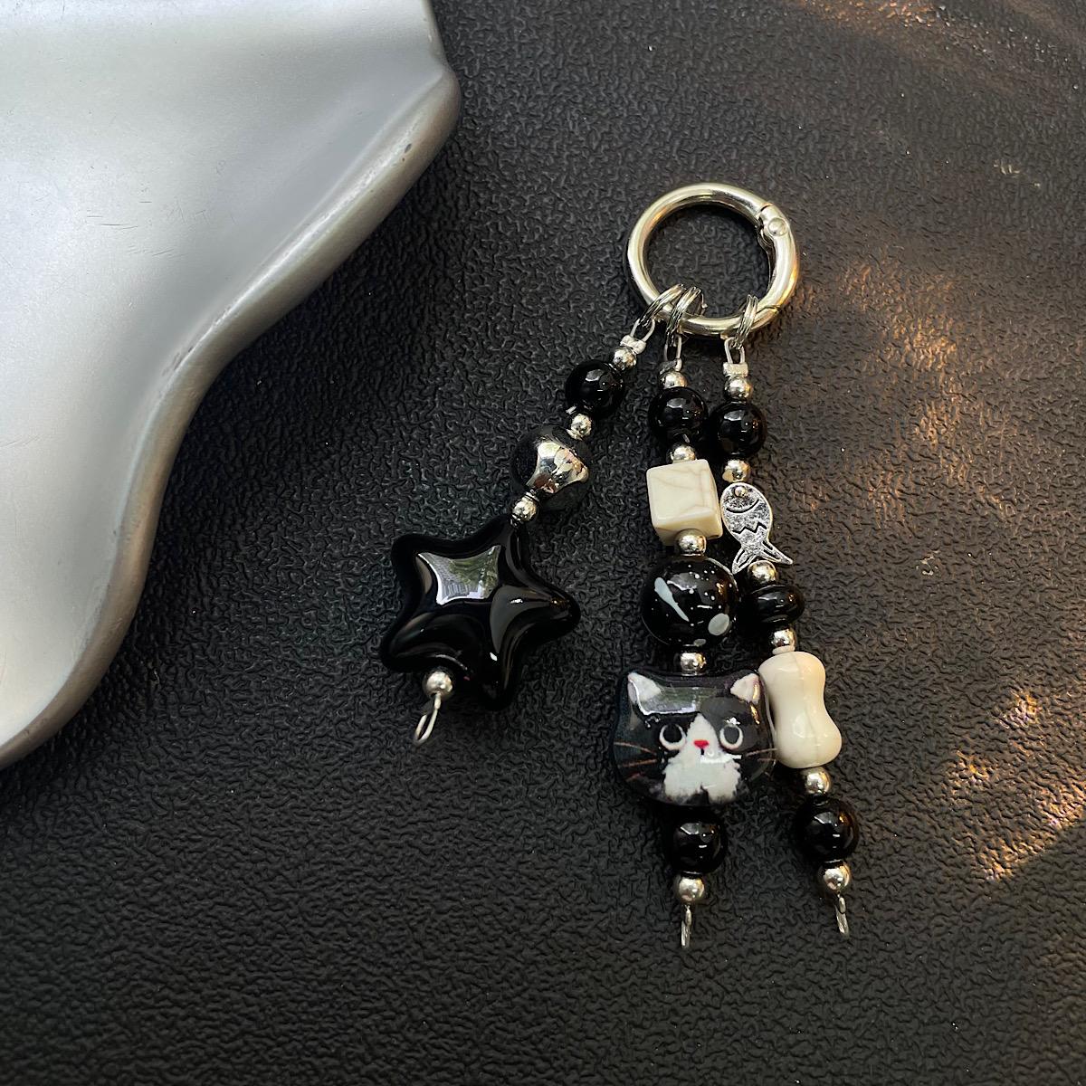 

Cute Black Cat Phone Charm Acrylic Beaded Keychain for Phone Bag Purse Accessories