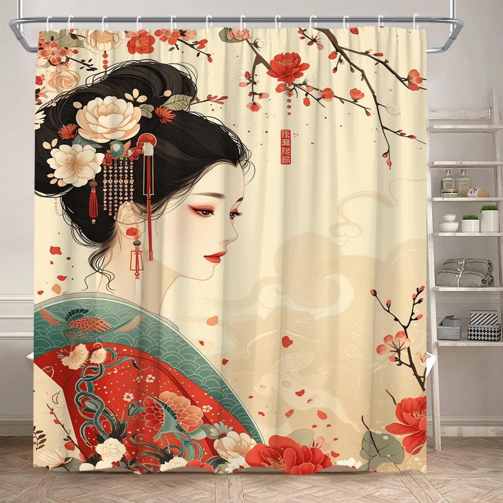 Azjatka Zasłona Prysznicowa Japońskie Kimono Kwiat Wiśni Krajobraz Malarstwo Tuszem Sztuka Poliester Tkanina Dekoracja Łazienki Zestaw Zasłon
