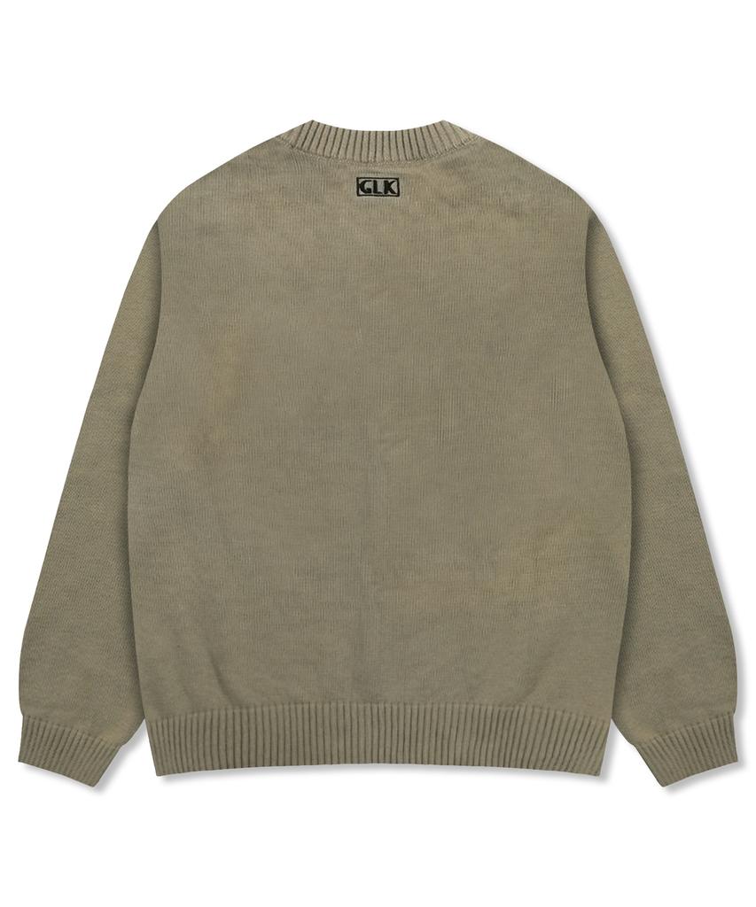 GLACK Gnt070 Vhs Line Embroidery Crew Neck Knit (Olive)