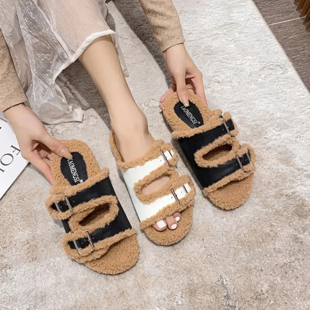 Women's Platform Slippers Fashion Outside Double Button Plush Slippers Women Winter Belt Buckle Slippers Chanclas Mujer