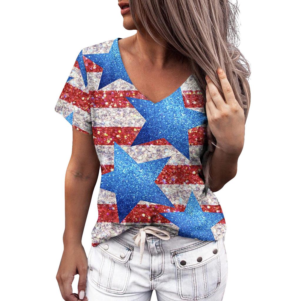 Summer Women Floral Print V Neck Short Sleeve Loose 3D T Shirt