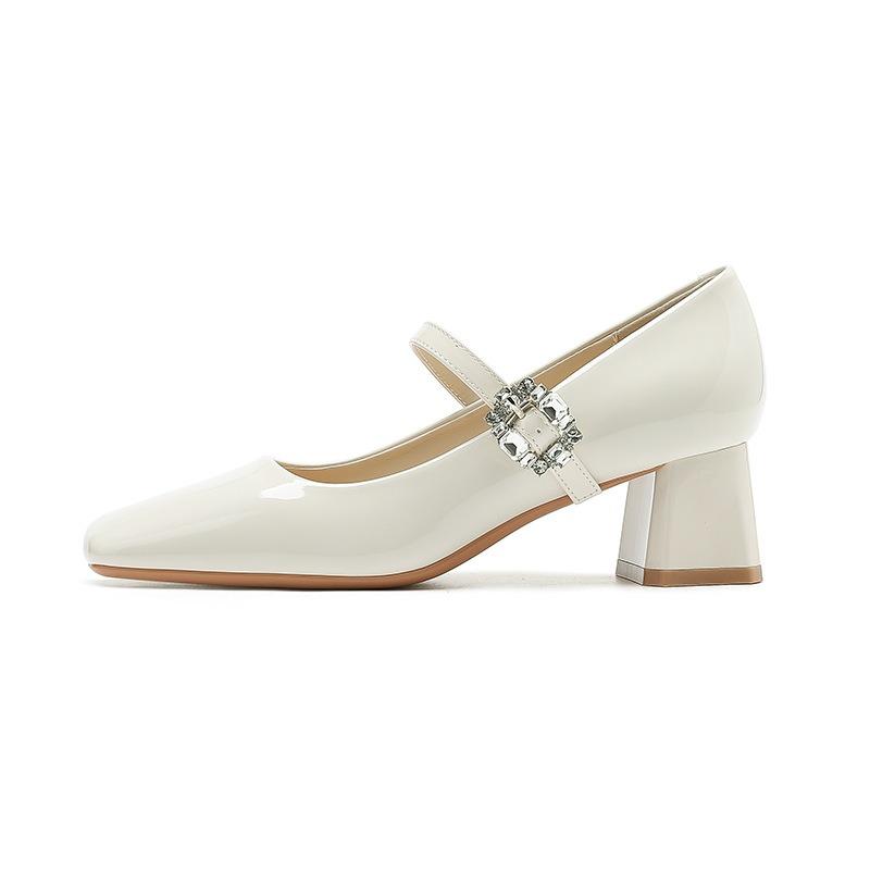 9-One-word bag head thick heel single shoes women's square head rhinestone high heels student dress professional commuter women's shoes