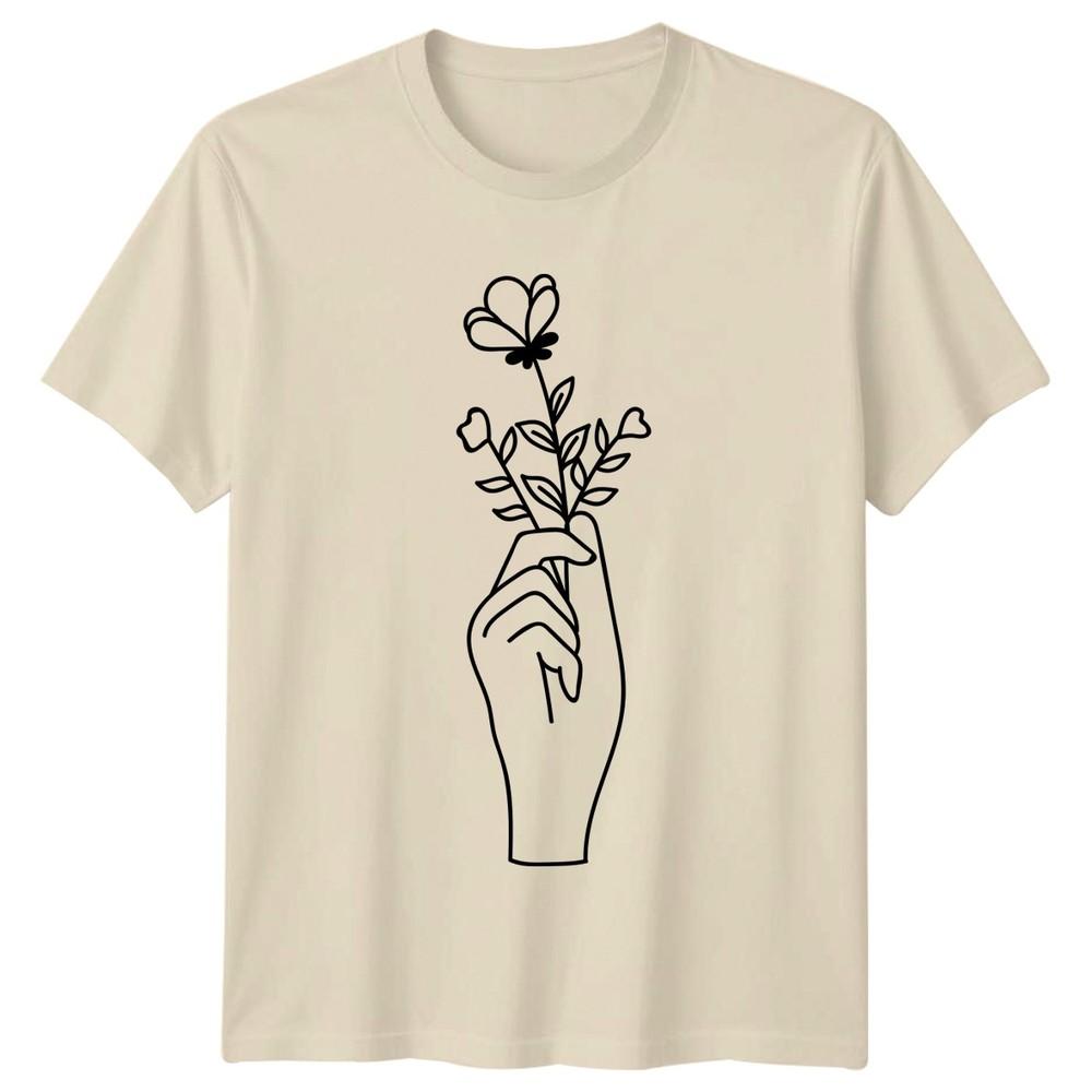 Graceful Hand Holding Flowers Unisexs TShirt Line Art Floral Birthday Gift