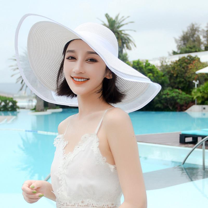 White Hat Women's Spring Thin Large Brim Sun Hat Seaside Beach Straw Hat Vacation Fashion Sun Hat Sun Protection