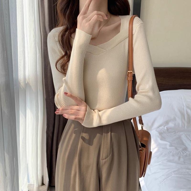Apricot Women's Square Neck Knitwear: Slimming Long Sleeve Autumn 2025 Base Shirt/Sweater, Small Size.