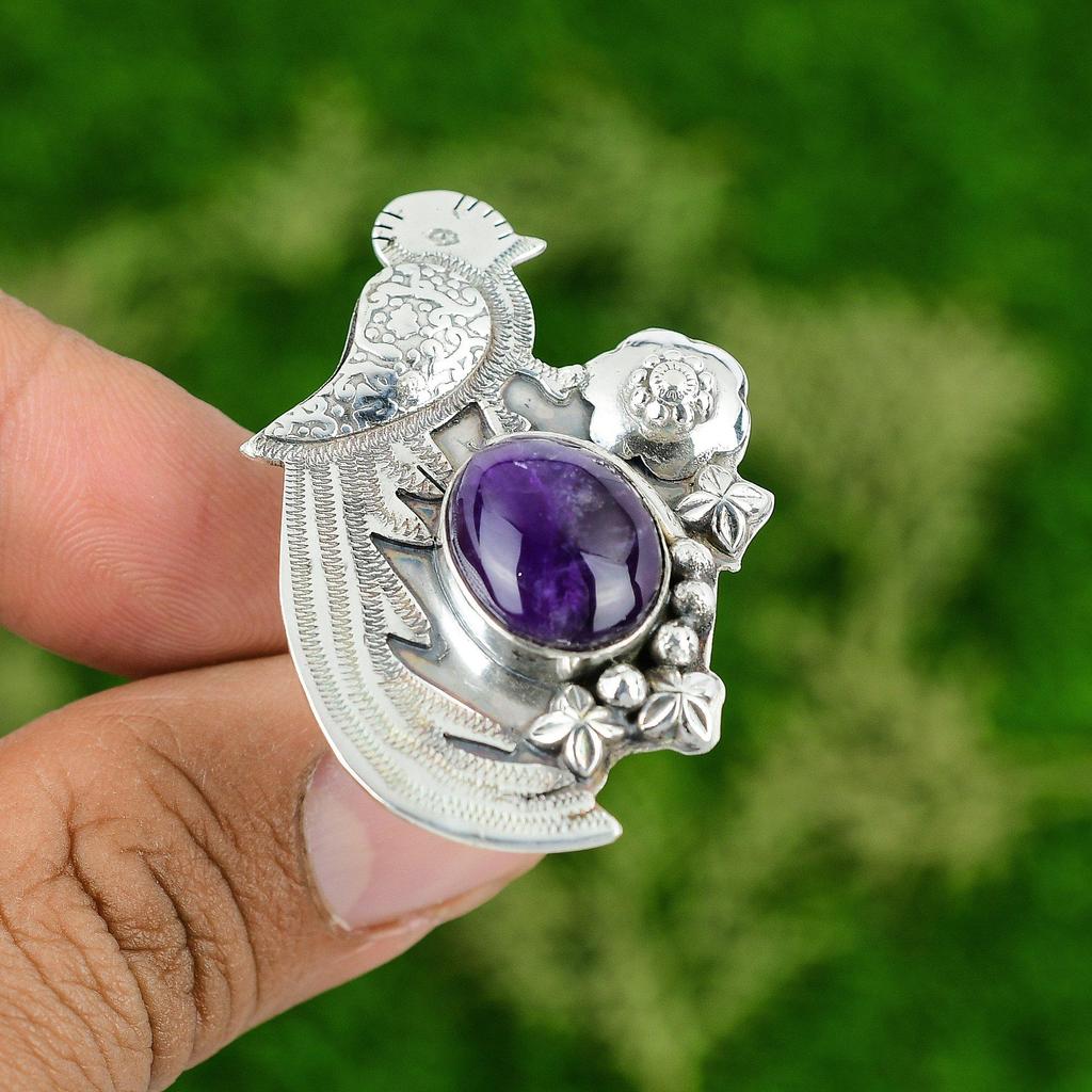 Gift For Her Natural African Amethyst Stackable Bird Adjustable Ring 925 Silver