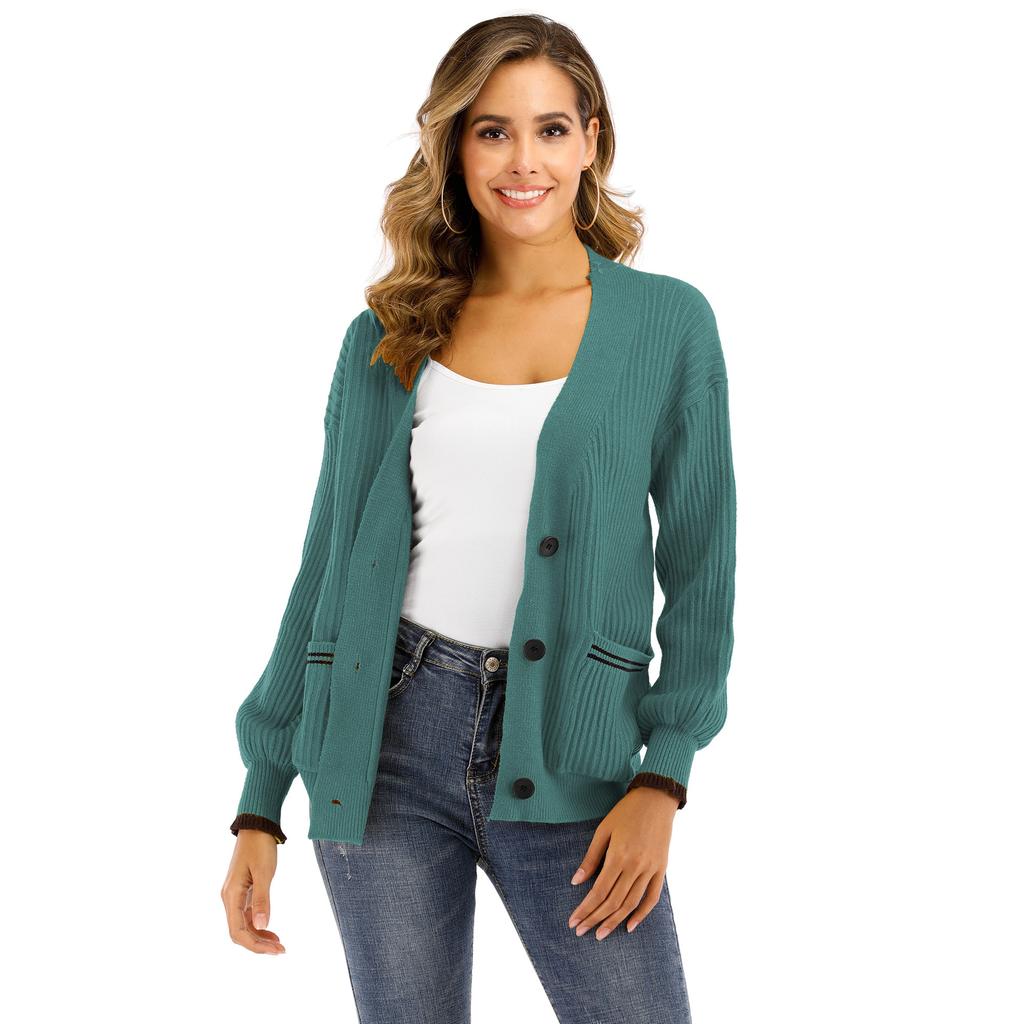 Autumn and Winter Women's V-neck Woven Single-breasted Pocket Long-sleeved Casual Jumper